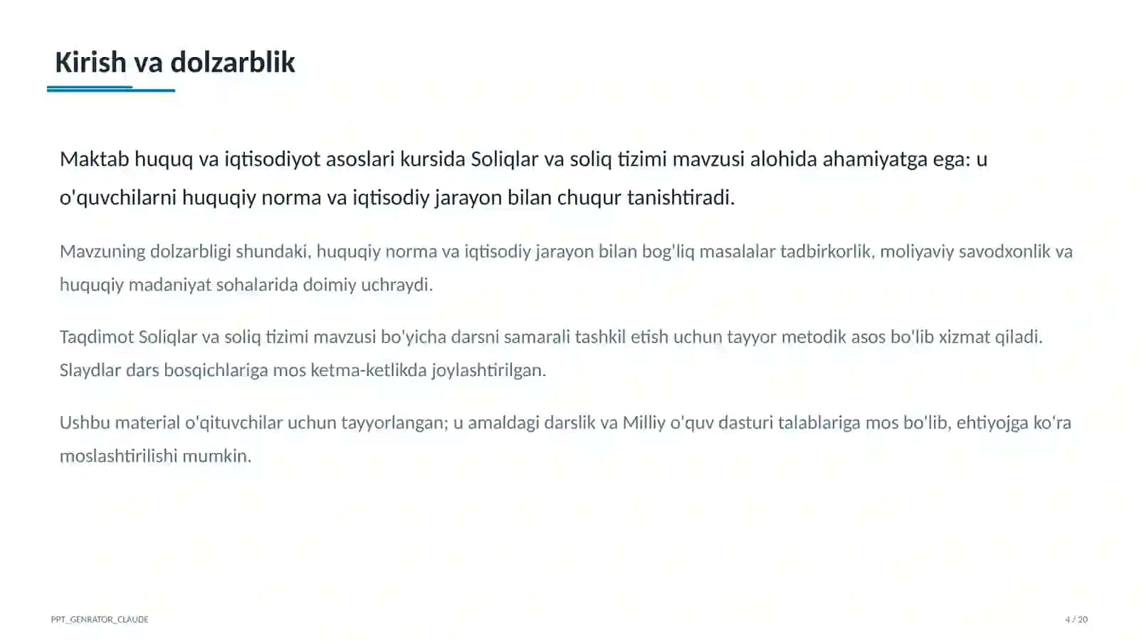 Huquq va iqtisodiyot asoslari (9–11) — o'qituvchilar uchun 4