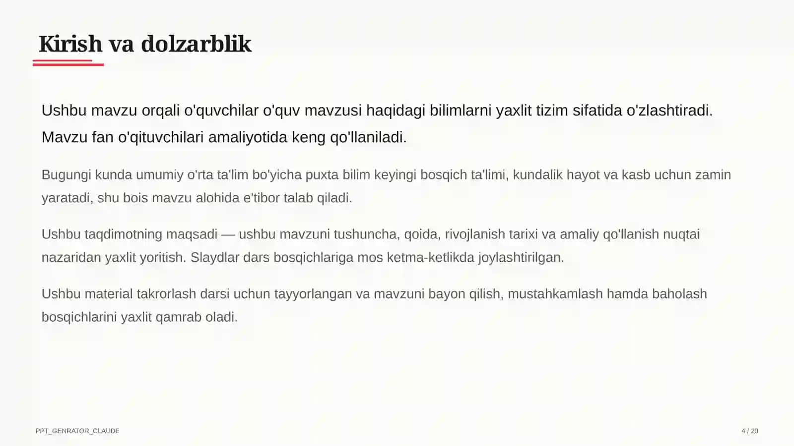 Dolzarb mavzular — maktab va o'qituvchilar (2026) — takrorlash darsi uchun 4