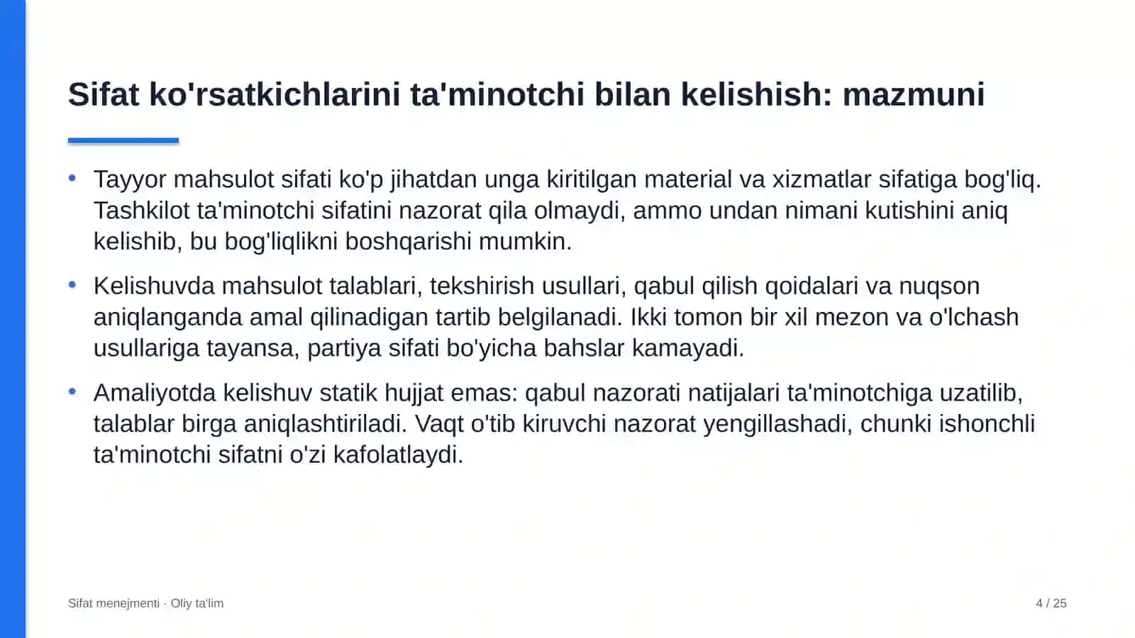 to'yxonalarda sifat ko'rsatkichlarini yetkazib beruvchilar bilan kelishish 4581 4