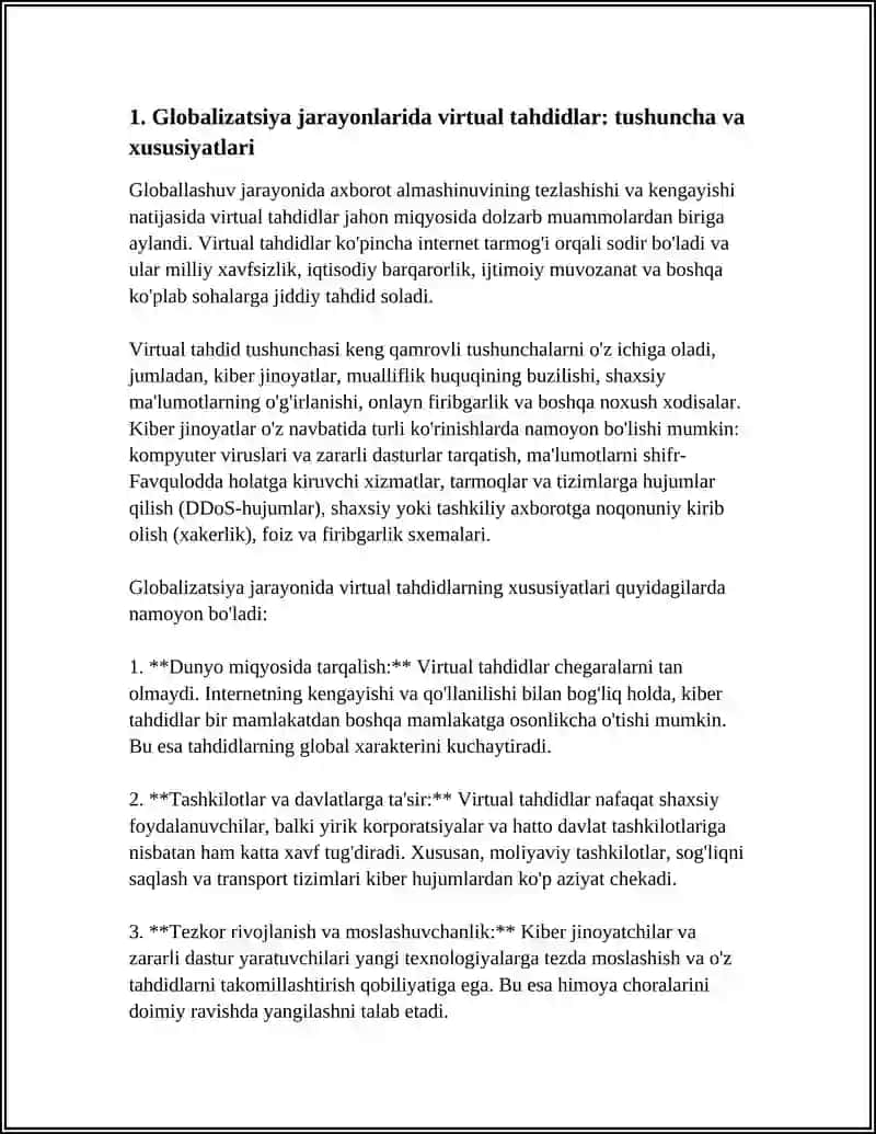GLOBALLASHUV JARAYONLARIDA VIRTUAL TAHDIDLARNI OLDINI OLISH USLUBLARI SHU MAVZUGA REFERAT 4
