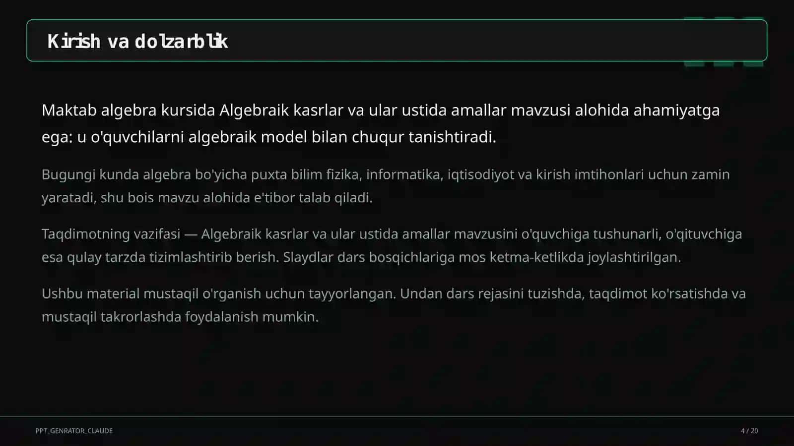 Algebraik kasrlar va ular ustida amallar (8-sinf) 4