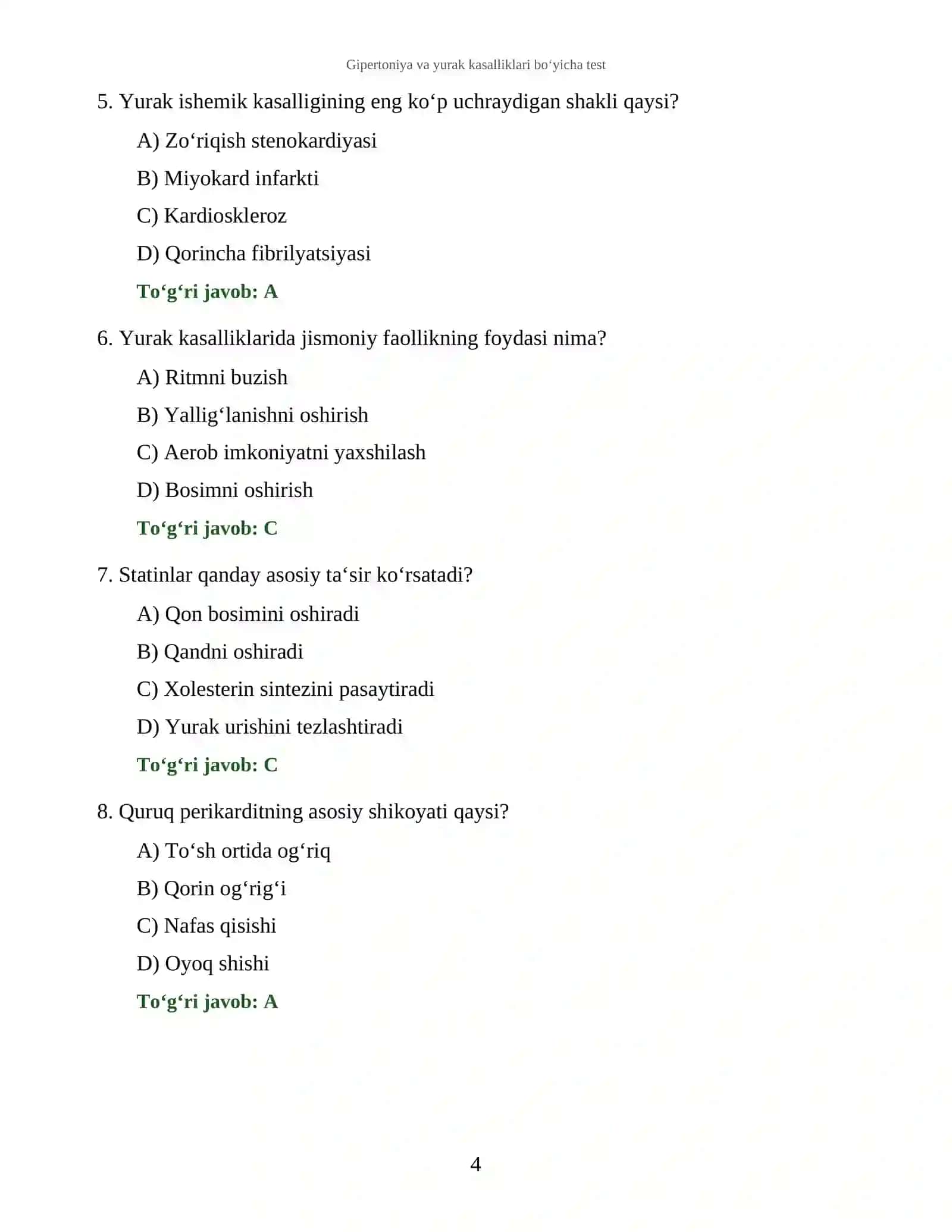 Gipertoniya va yurak kasalliklari bo‘yicha test 4