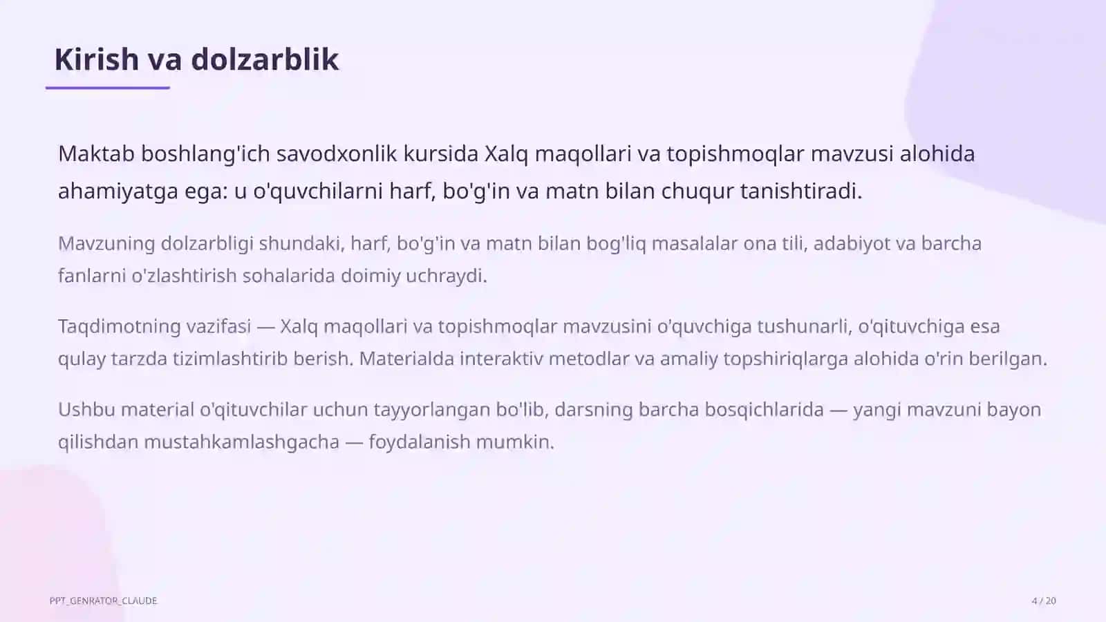 Boshlang'ich sinf: Ona tili va o'qish (1-4) — o'qituvchilar uchun 4