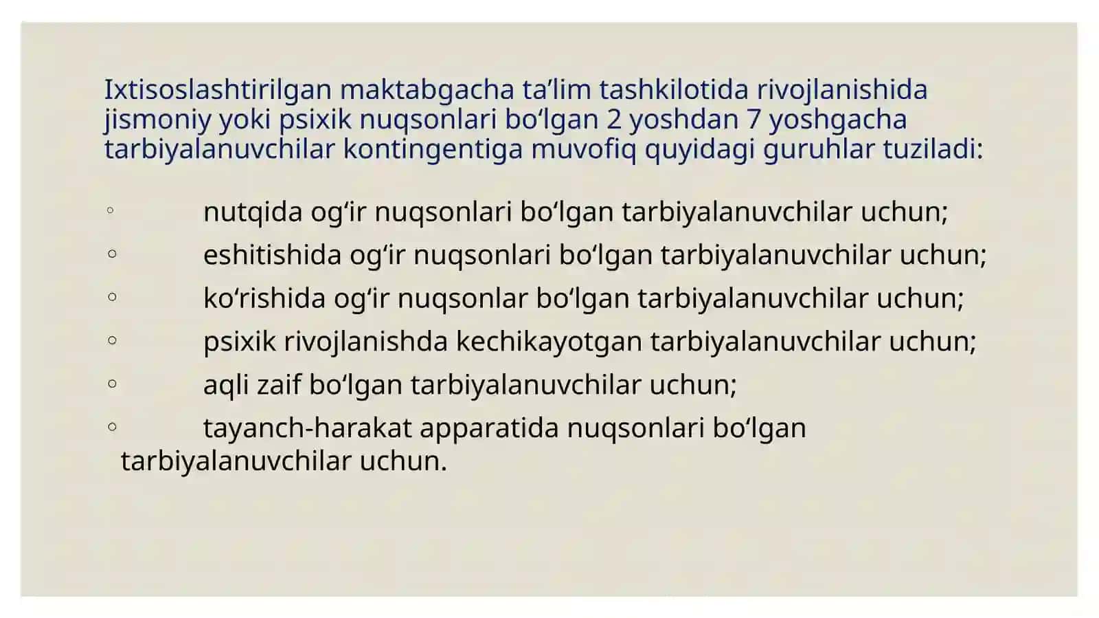 O‘ZBEKISTONDA ALOHIDA TA’LIM EHTIYOJLARI BO‘LGAN BOLALAR UCHUN TASHKIL ETILGAN TA’LIM TURLARI 4