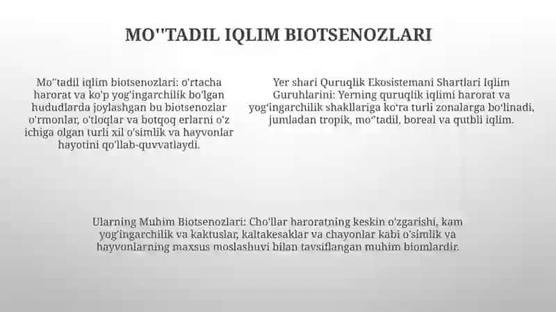 Yer Shari Quruqlik Ekosistemani Shartlari Iqlim Guruhlarini Va Ularning Muhim Biotsenozlari 4