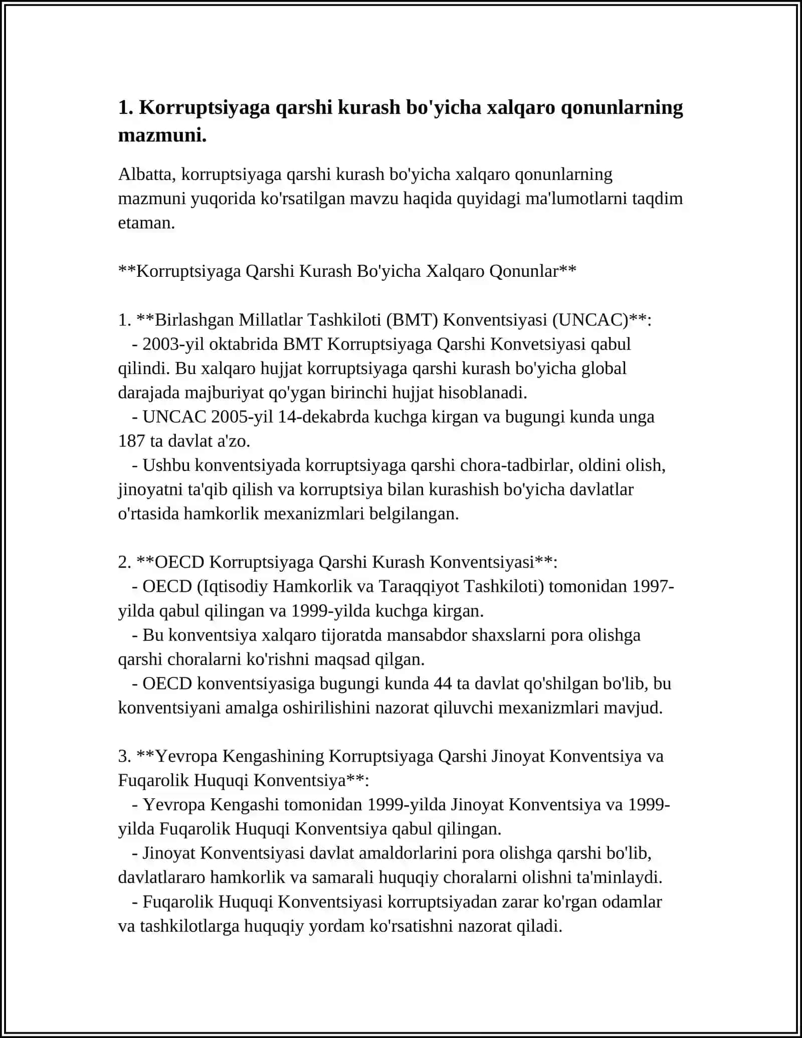 KORRUPTSIYAGA QARSHI KURASH BO'YICHA XALQARO QONUNLAR VA QARORLARNING O'ZBEKISTONDA RATIFIKATSIYA QILISHNING AHAMIYATI IQTISODIY - SIYOSIY VA IJTIMOIY - HUQUQIY MEXANIZMLARI 4