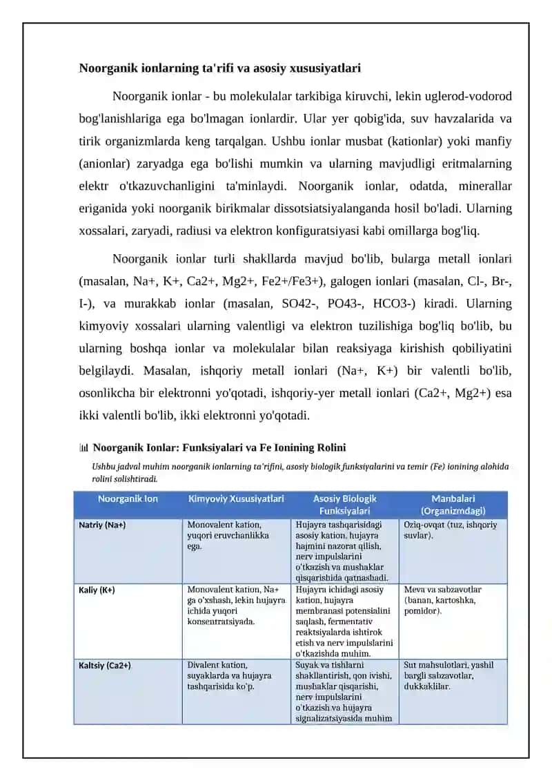 Noorganik ionlar: Ta'rif, ahamiyat va biologik funksiyalari 4