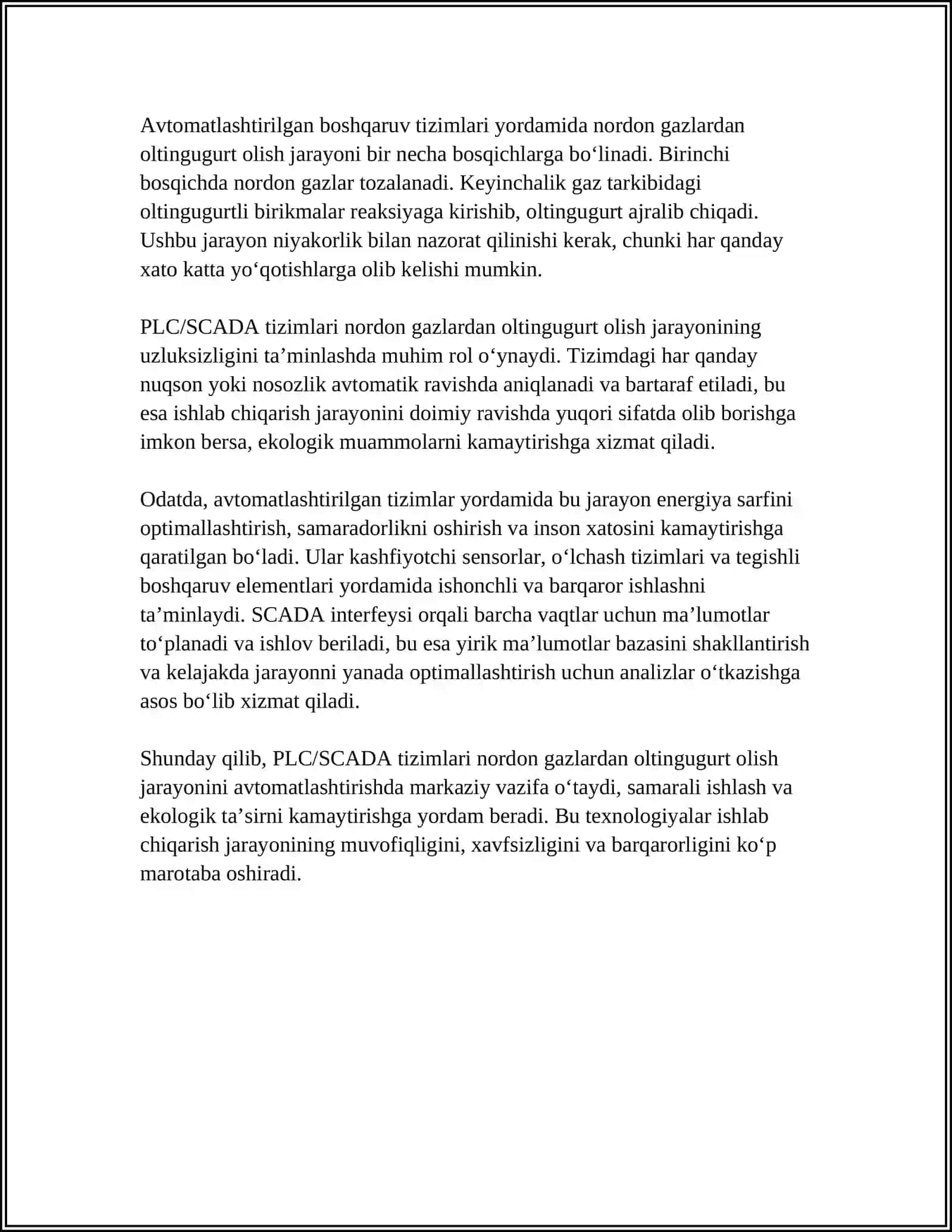 Nordon Gazlardan Oltingugurt Olish Jarayonini Avtomatlashtirish 4