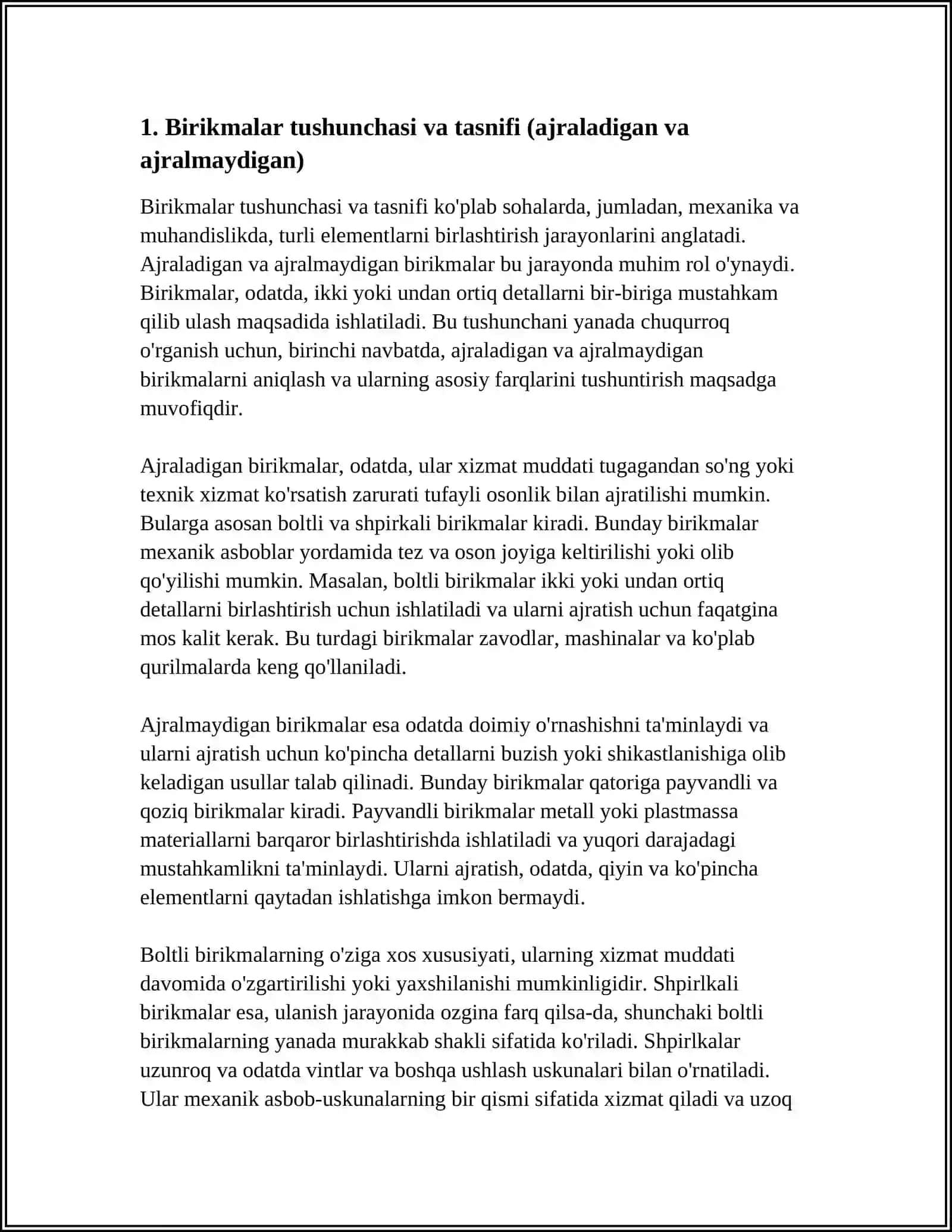 BIRIKMALAR. AJRALADIGAN VA AJRALMAYDIGAN BIRIKMALAR. BOLTLI VA SHPILKALI BIRIKMALAR. PAYVANDLI VA QÕZĞALUVCHAN BIRIKMALAR 4