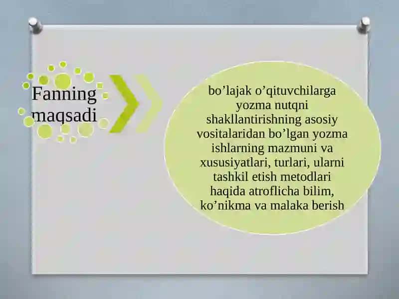 YOZMA ISHLARNI TASHKIL ETISH METODIKASI”  FANINING PREDMETI, MAQSAD VA VAZIFALARI. YOZMA ISHLAR O’QUVCHILAR NUTQINI SHAKLLANTIRUVCHI VOSITA SIFATIDA. 4