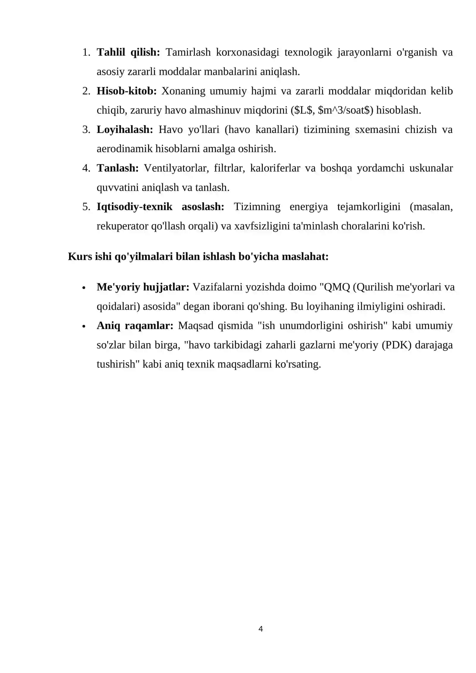 Tamirlash korxonasi uchun havo almashtirish tizimini hisoblash va loyihalash 4