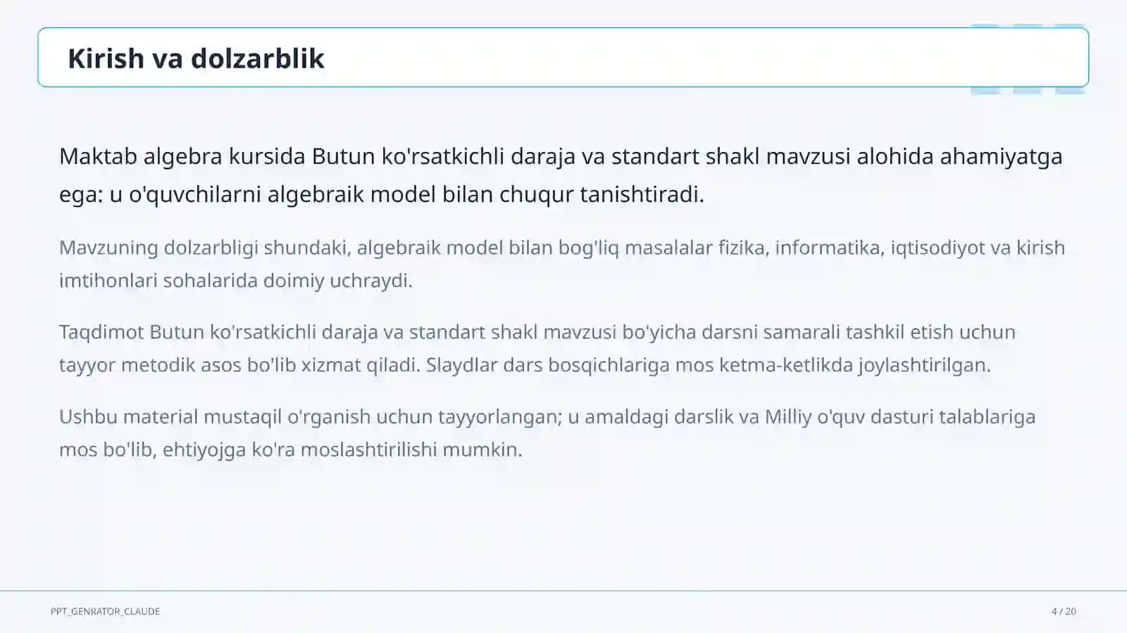 Butun ko'rsatkichli daraja va standart shakl (8-sinf) 4