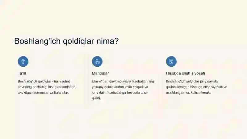 Dastlabki moliyaviy hisobot auditda boshlangʻich qoldiqlar boʻyicha auditning masʼuliyati AXS (auditning xalqaro standarti) 510-son 4