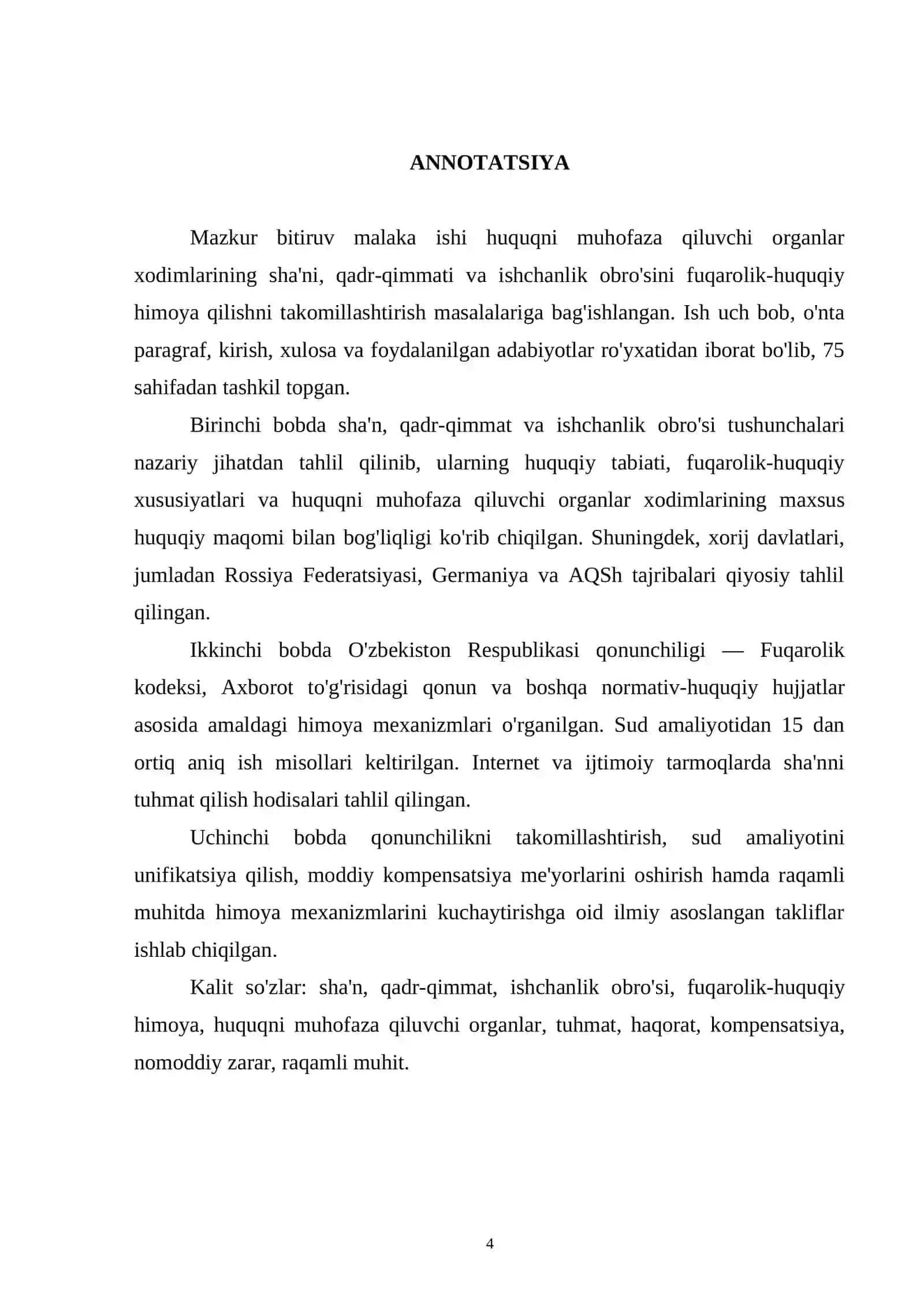 HUQUQNI MUHOFAZA QILUVCHI ORGANLAR XODIMLARINING SHA'NI, QADR-QIMMATI VA ISHCHANLIK OBRO'SINI FUQAROLIK-HUQUQIY HIMOYA QILISHNI TAKOMILLASHTIRISH 4