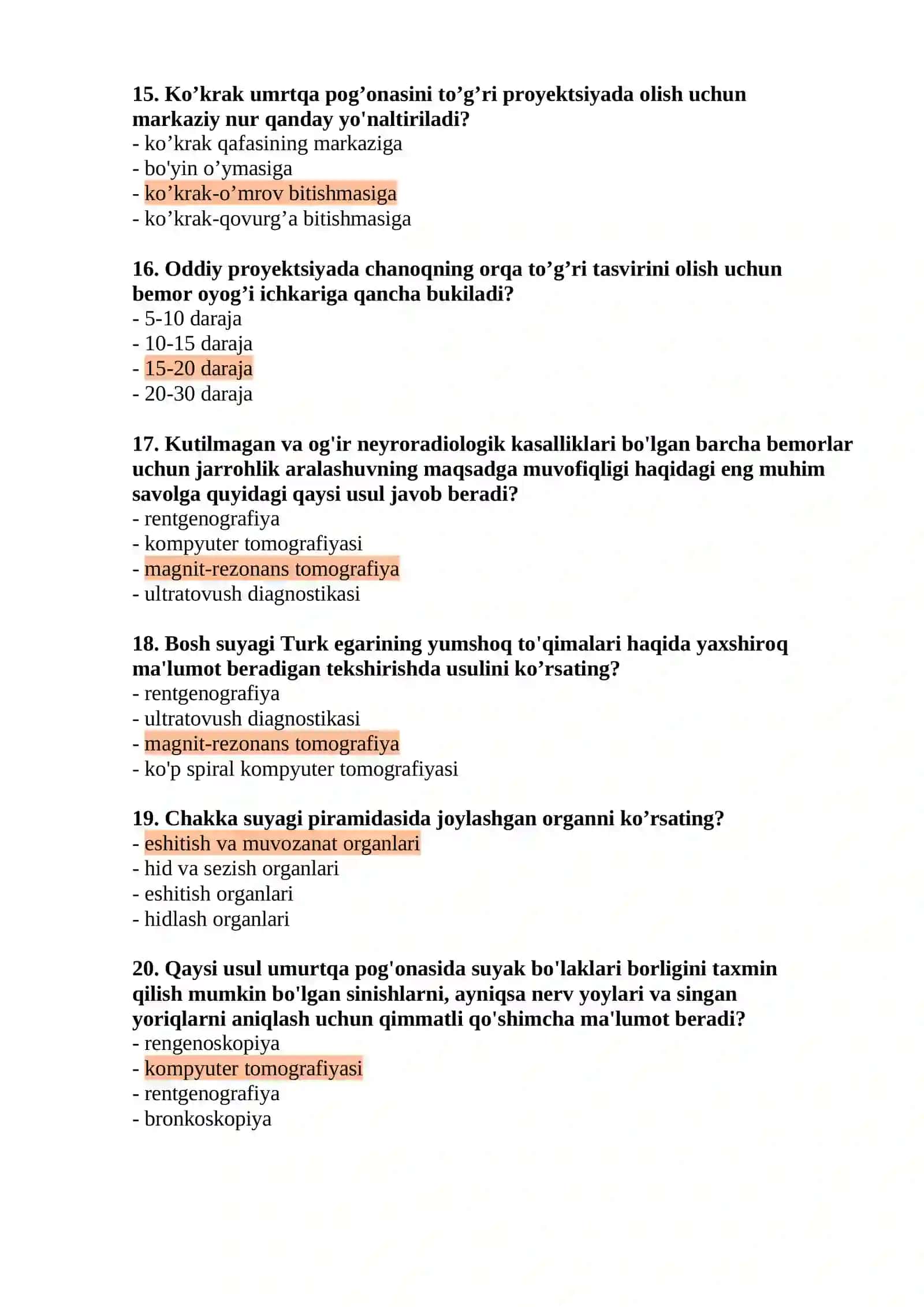 RENTGEN LABORANTİ MUTAXASSİSLİGİ BO'YİCHA SHAKLLANTİRİLGAN TEST SAVOLLAR RO'YXATİ 4