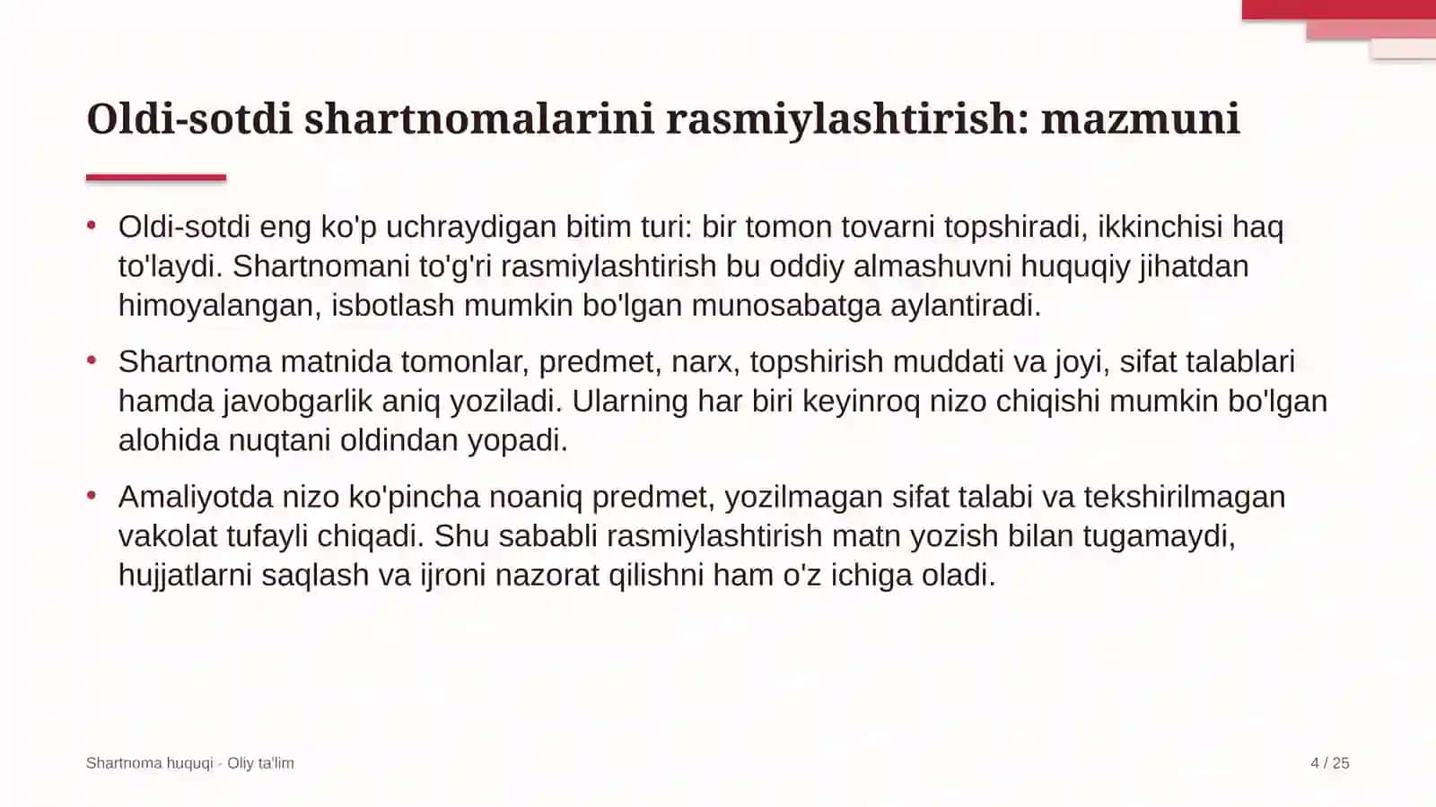 Shartnoma huquqi · Oliy ta'lim 4