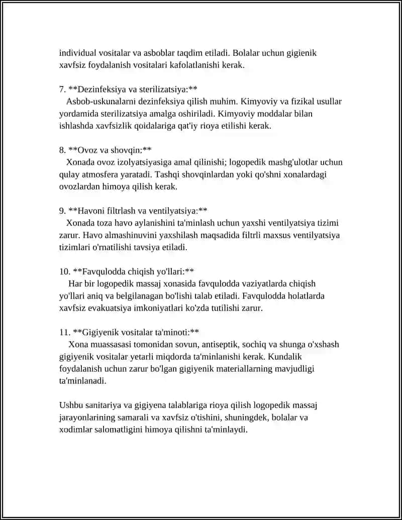 LOGOPEDIK MASSAJNI O'TKAZISHDA ISH JOYINI TASHKIL QILISH UCHUN GIGIYENIK TALABLAR 4