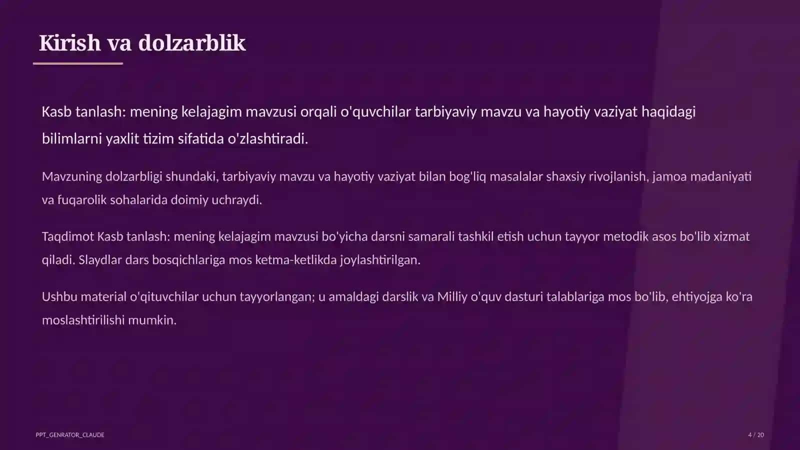 Sinf soati va tarbiyaviy tadbirlar (1–11) — o'qituvchilar uchun 4