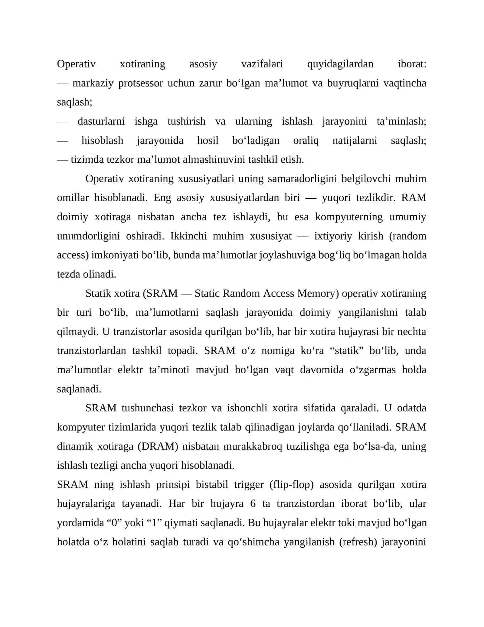 Operativ xotira qurilmalari, tarkibiy sxemasi va texnik ko’rsatgichlari 4