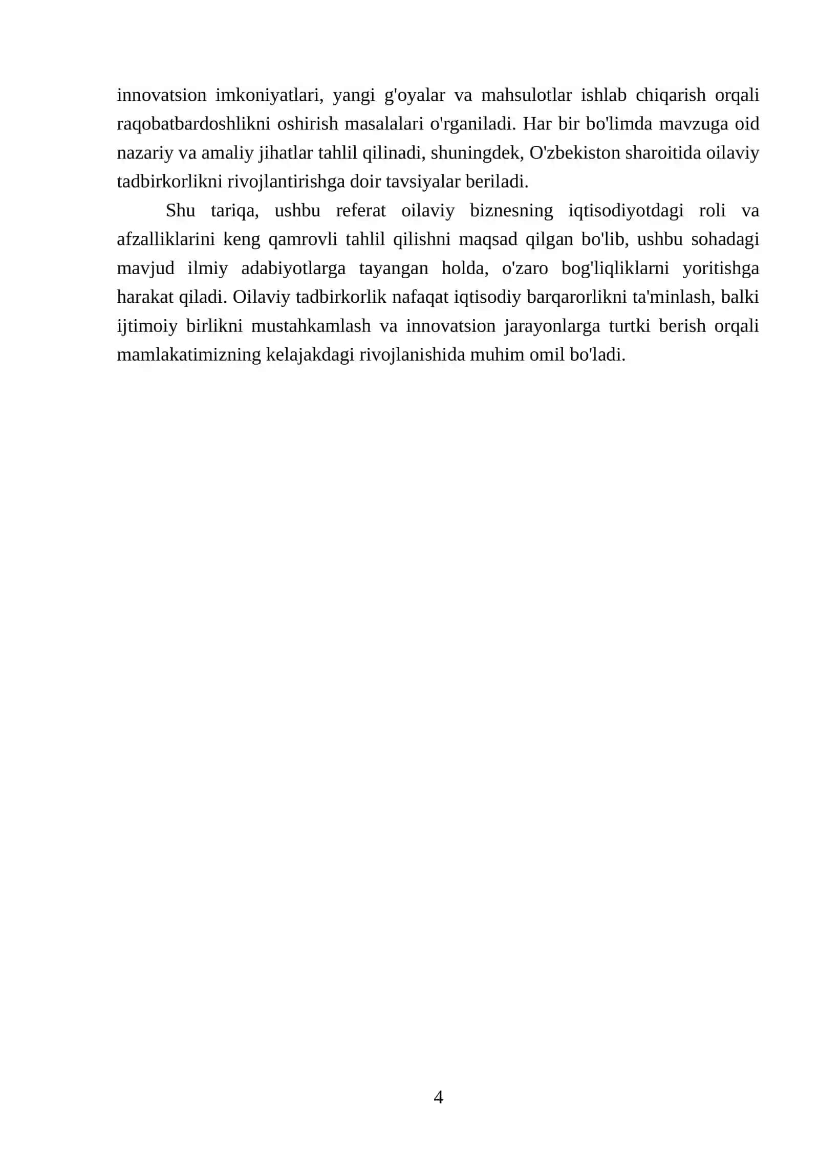 Oilaviy biznesning iqtisoddagi roʻli - oilaviy tadbirkorlikning afzalliklari REFERATI 4