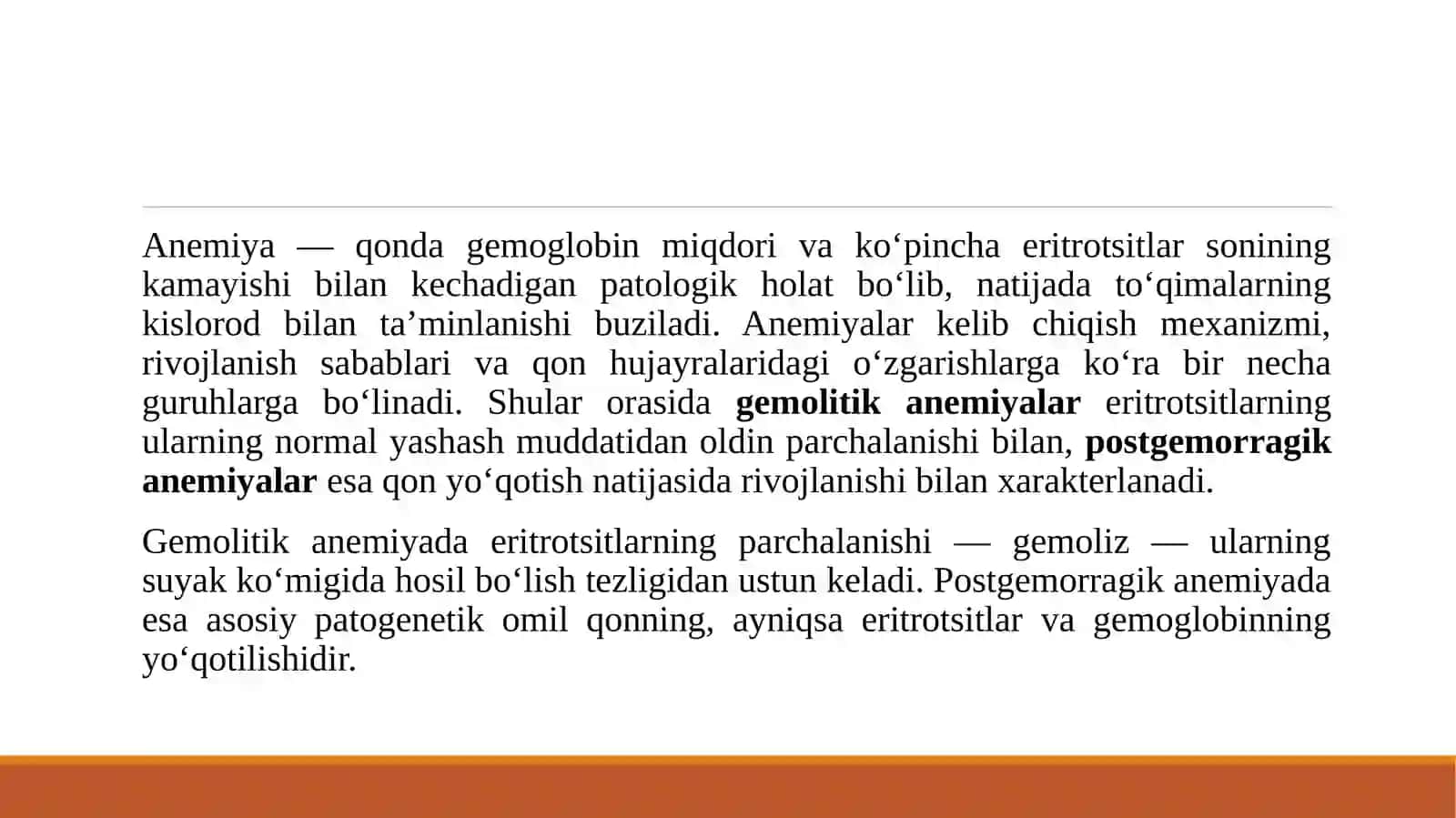 Gemolitik va postgemorragik anemiyalar. Toksiko-gemolitik va postgemorragik anemiyalarning etiologiyasi va patogenezi, turlari, periferik qondagi o'zgarishlar. Anemiyalarni toksiko - gemolitik turida periferik kon ko'rinishlarini o'rganish (klinik materiallar buyicha) va klinik tahlil etish. 4