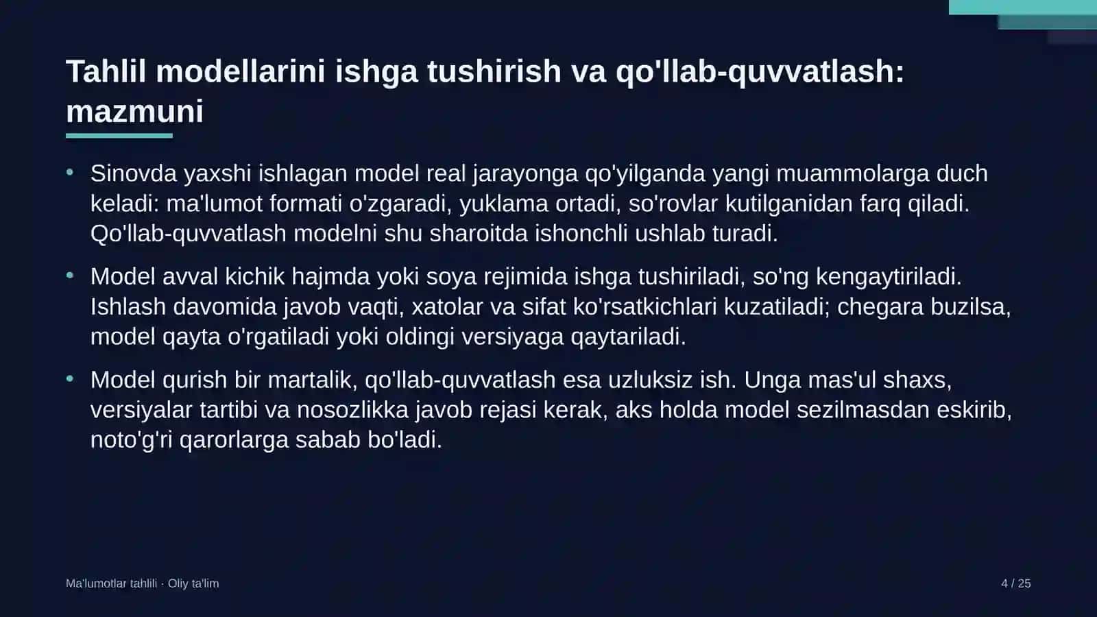 non mahsulotlari korxonalarida tahlil modellarini ishga tushirish va qo'llab quvvatlash 5401 4