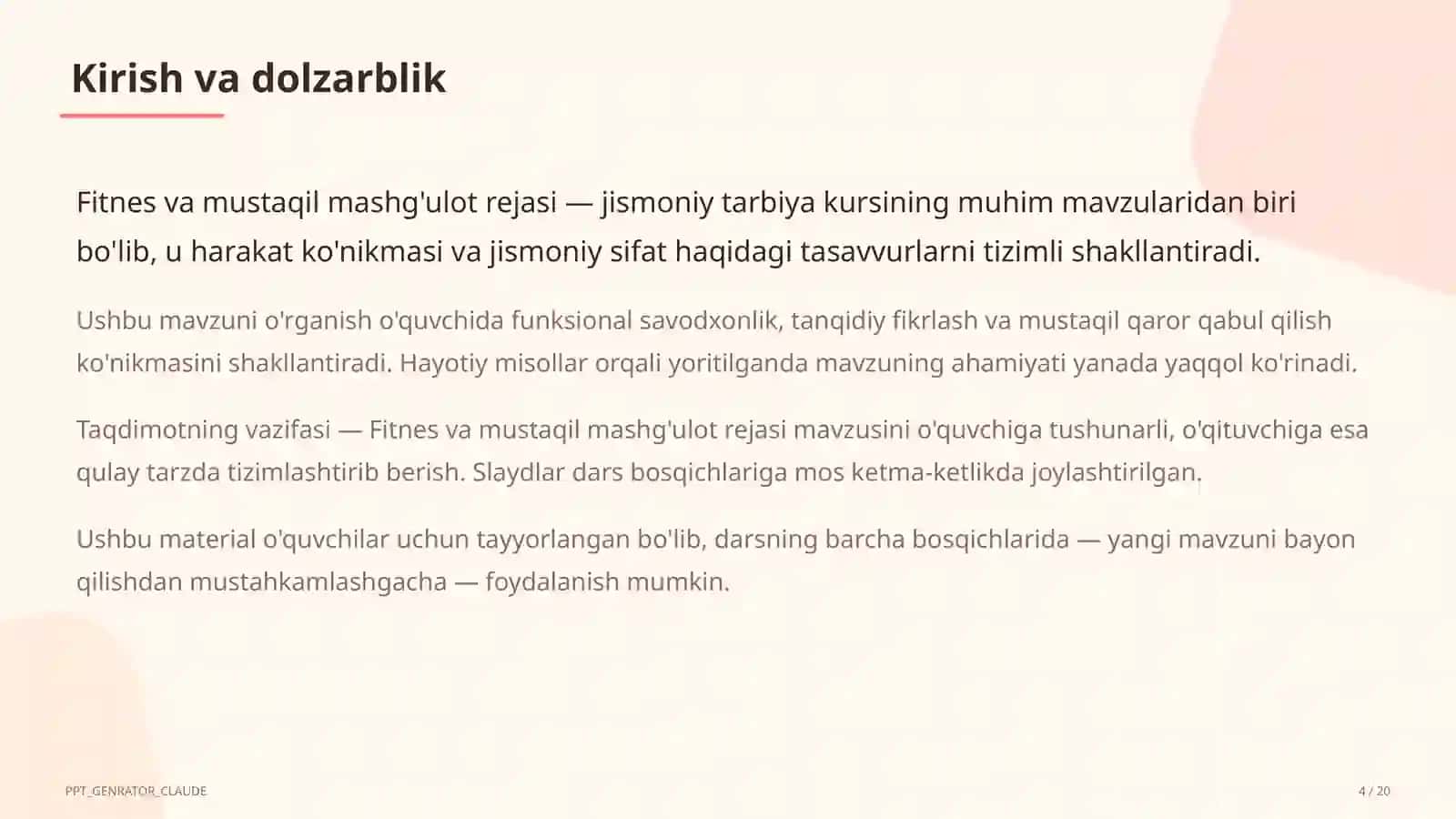 Fitnes va mustaqil mashg'ulot rejasi (11-sinf) 4