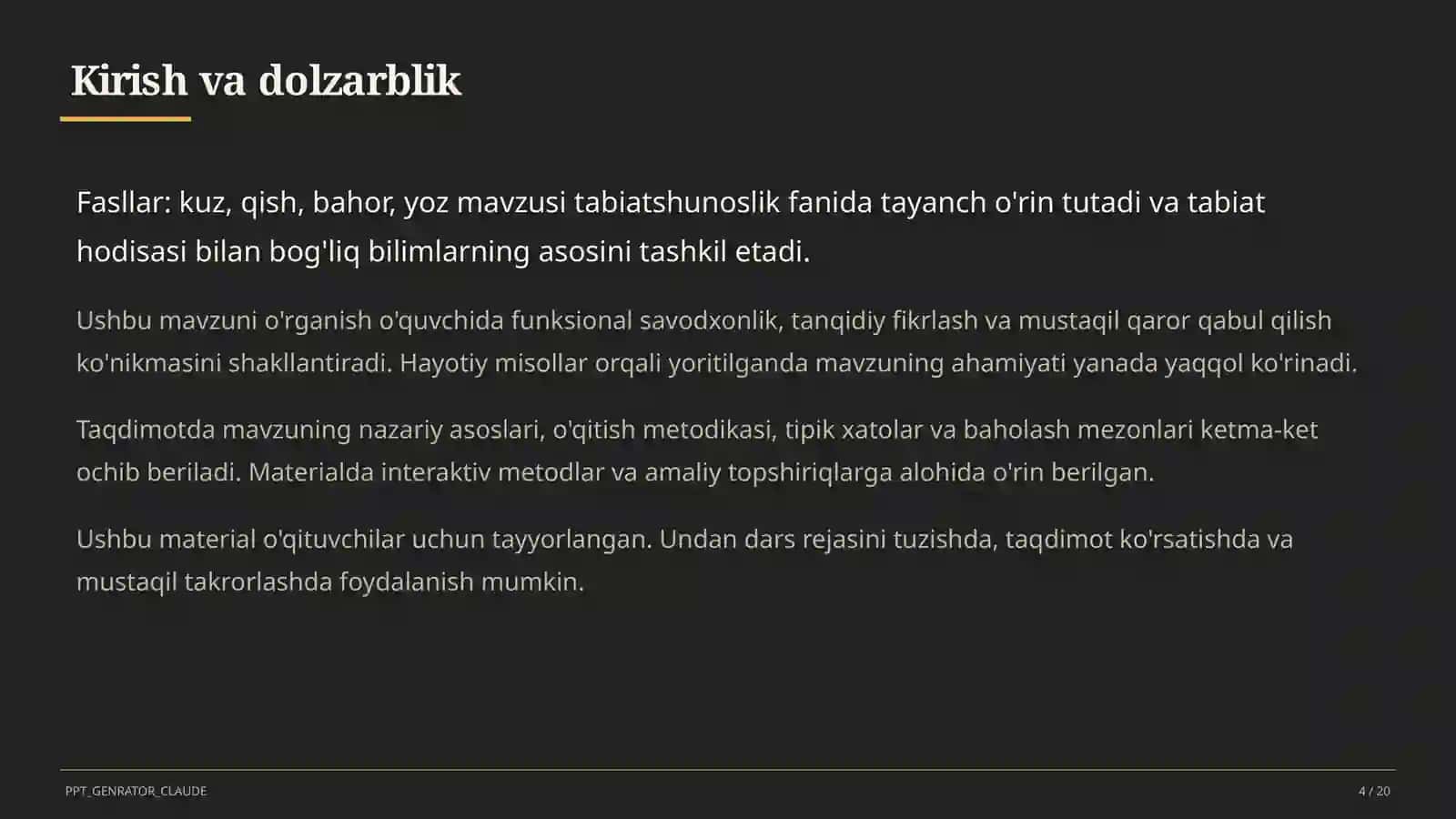 Tabiatshunoslik (1–4) Dars rejasi 4