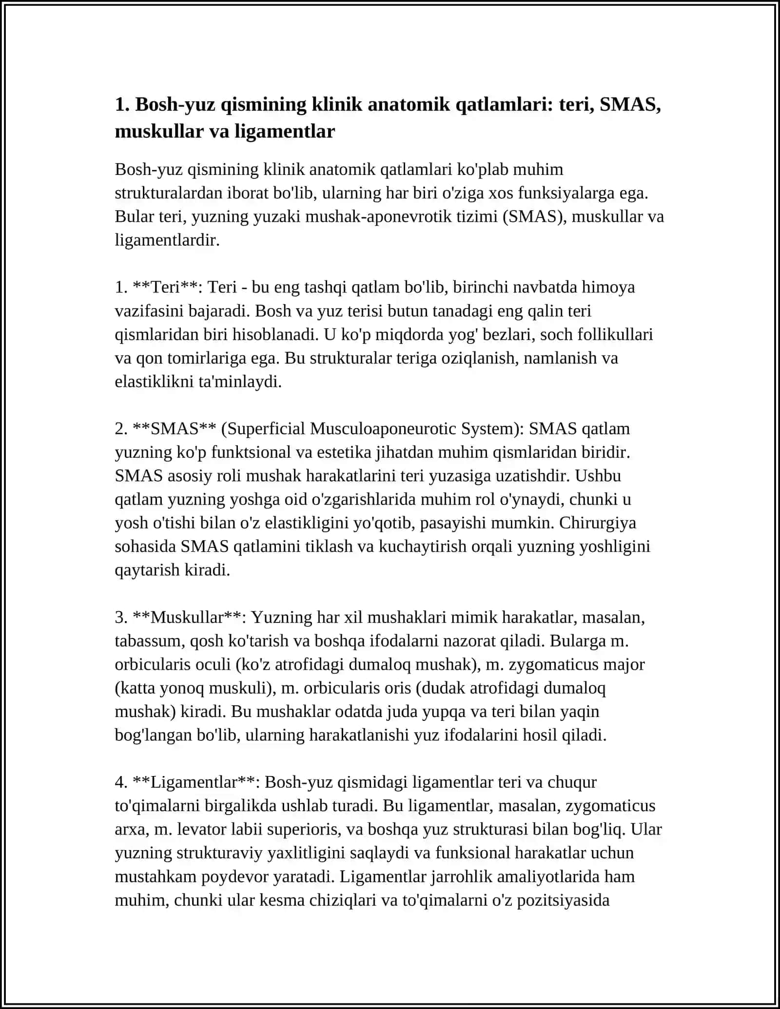 BOSH YUZ QISMINING KLINIKANATOMIYA.LUNJ, QULOQ OLDI–CHAYNOV, YUZNING CHUQUR SOHALARI (YUZNING CHUQUR YOG’ TO’QIMA SOHALARI (XALQUM ATROFI VA XALQUM ORTI BO’SHLIQLARI). UCH SHOXLI NERVNING OXIRGI SHOXLARINING YUZDAGI TOPOGRAFIYASI VA ULARNING AMALIYAHAMIYATI. YUZ NERVINING TOPOGRAFIYASI. YUZ FLEGMONALARINI OCHISH 4
