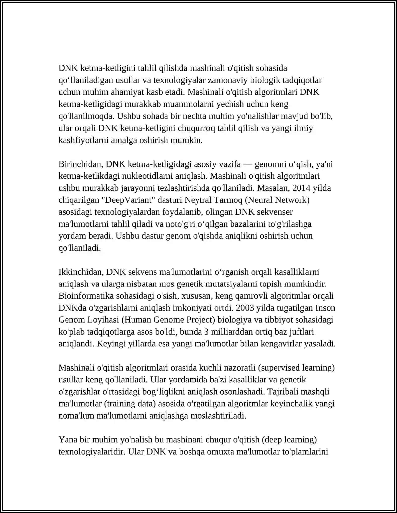 BIOINFORMATIK MODELLARNI MASHINALI OQITISH MAVZUSIDA MUSTAQIL ISH 4