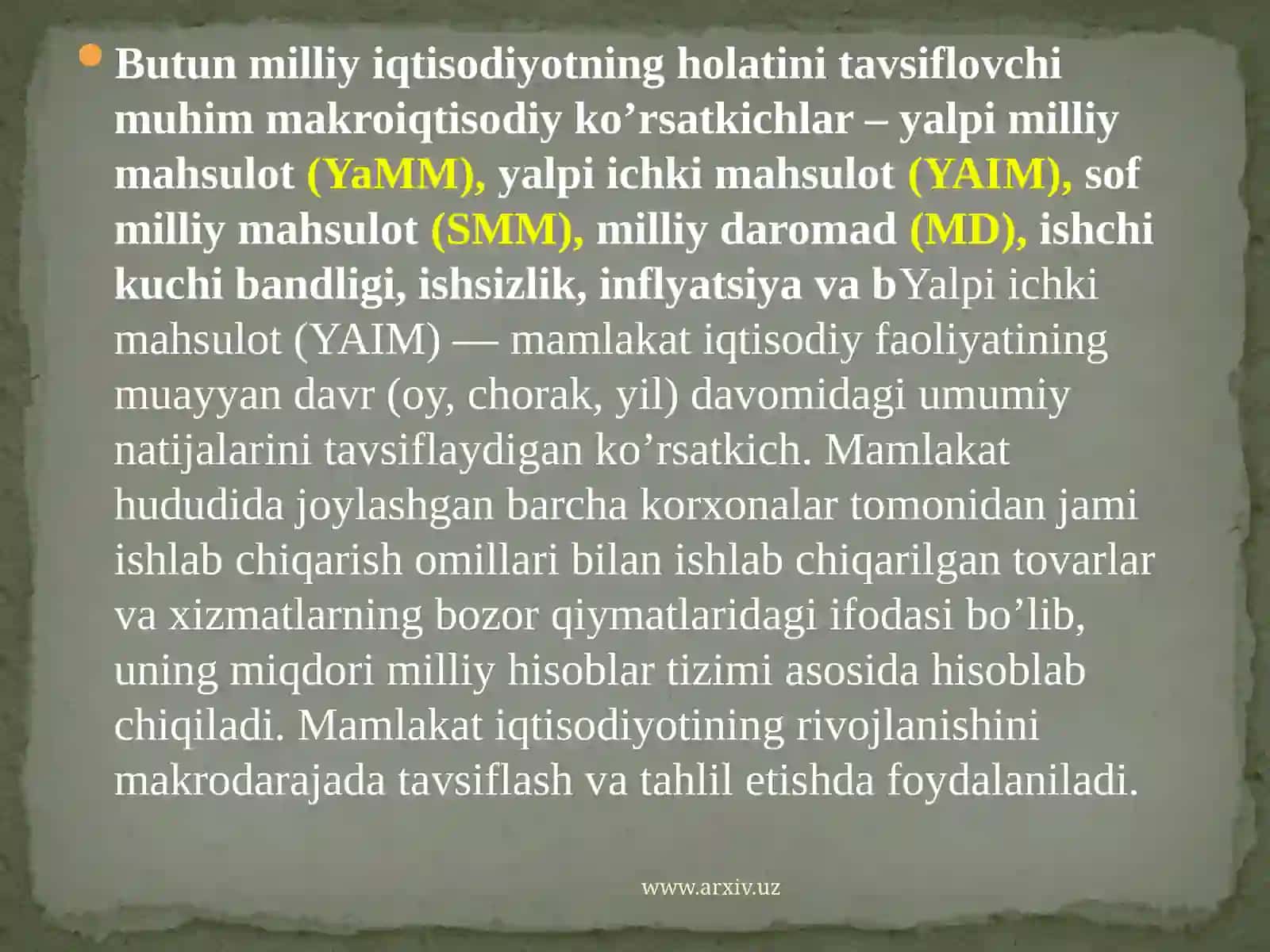 Yalpiich kimahsulotlar statistikasining xajmi hisoblash usullari 4