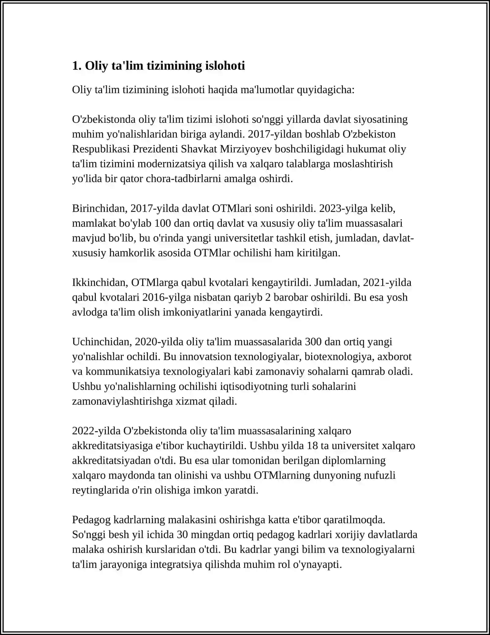 O‘ZBEKISTON RESPUBLIKASI OLIY TA’LIM FAN VA INNOVATSIYA VAZIRLIGI BUXORO INNOVATSIYALAR UNIVERSITETI GULISTON FILIALI MUSTAQIL ISH 4