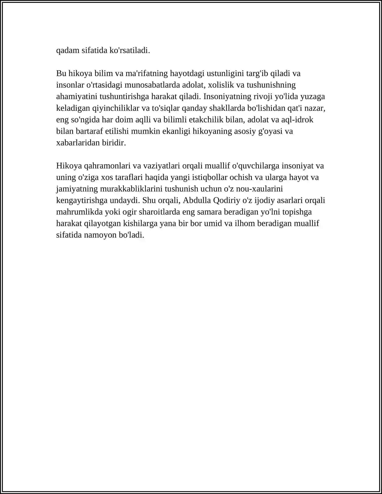N.ESHONQULOVNING,,MAYMUN YETAKLAGAN ODAM’’ HIKOYASI VA U.HAMDAMNING,,MUVOZANAT ‘’ ROMANI 4