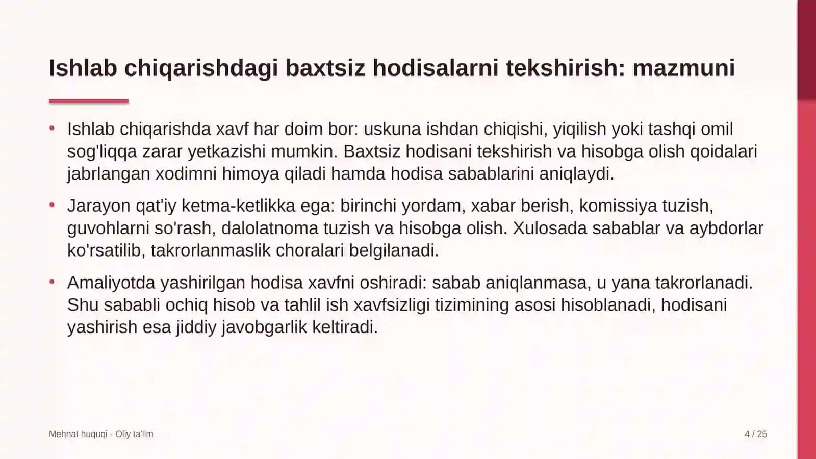 poyabzal ta'mirlash ustaxonalarida ishlab chiqarishdagi baxtsiz hodisalarni tekshirish va hisobga olish 8959 4