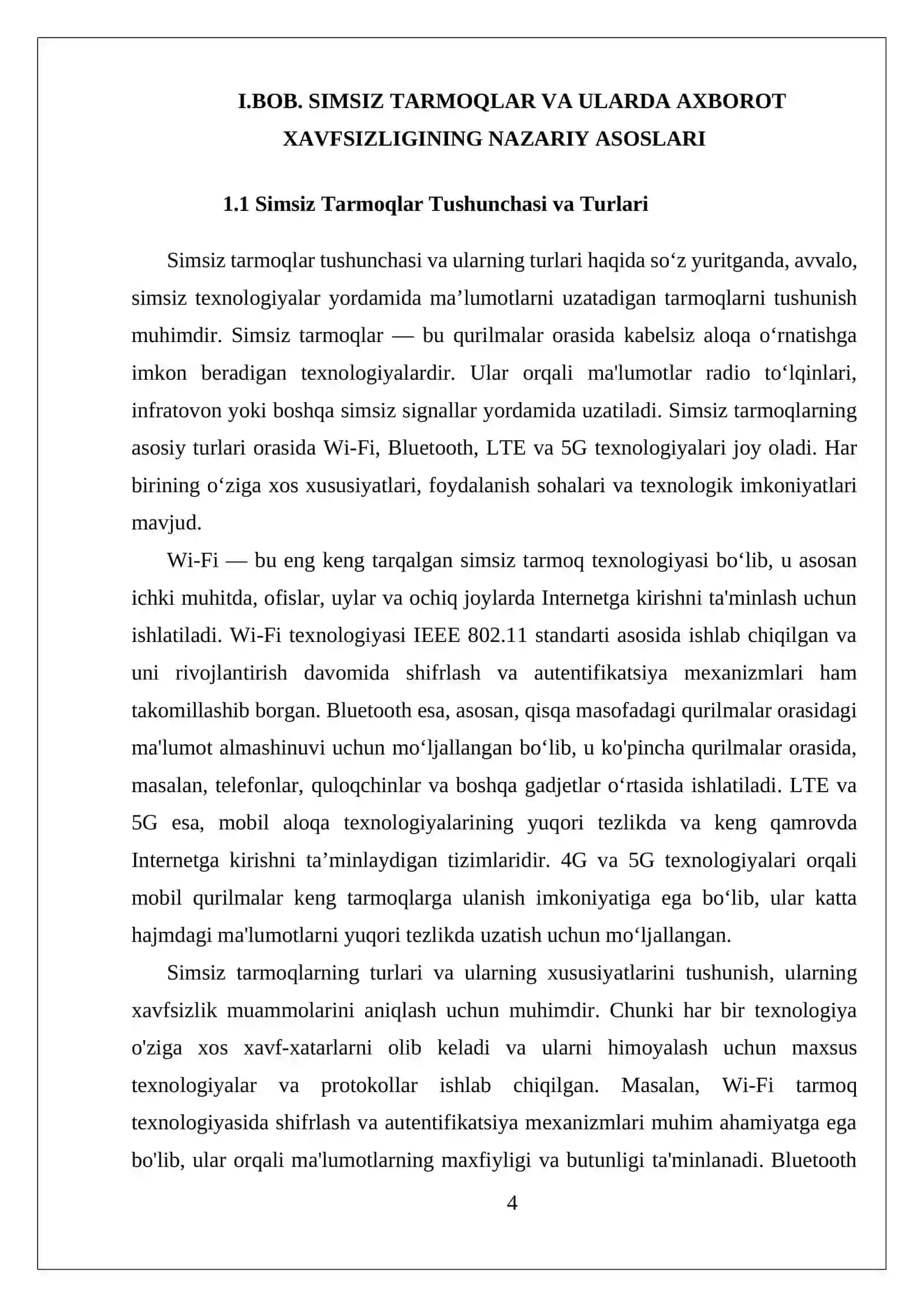 SIMSIZ TARMOQLARDA AXBOROT XAVFSIZLIGINI TAʼMINLASH VA RUXSATSIZ KIRISHNI OLDINI OLISH 4