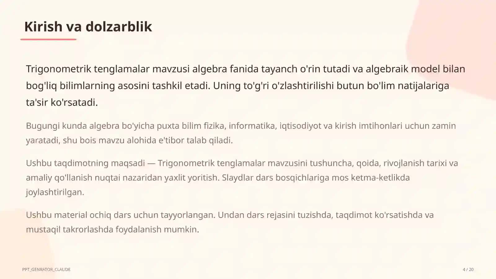 Trigonometrik tenglamalar (10-sinf) 4