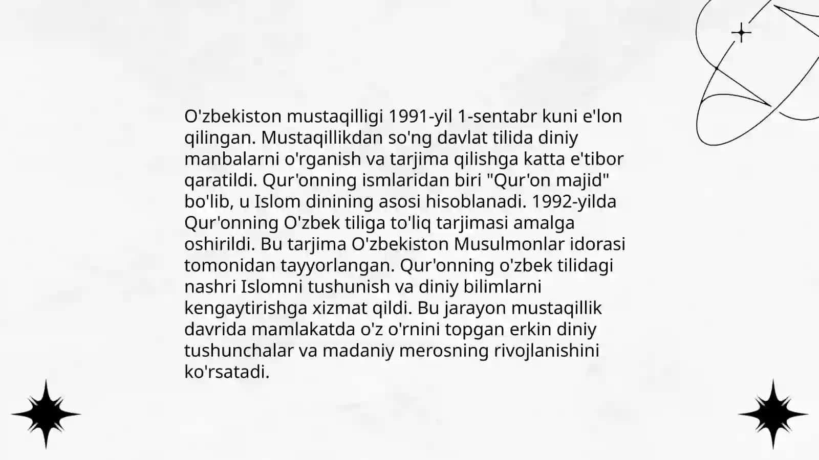 Mustaqillik yillarida Qur'onning o'zbek tiliga tarjima qilinishi va tafsirlari haqida taqdimot tayyorlash 4