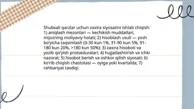 Mijozlar va mijozlar bilan xisob kitoblarni xisobga olish shubxali qarlar uchun zaxitrani xisobga olish 4