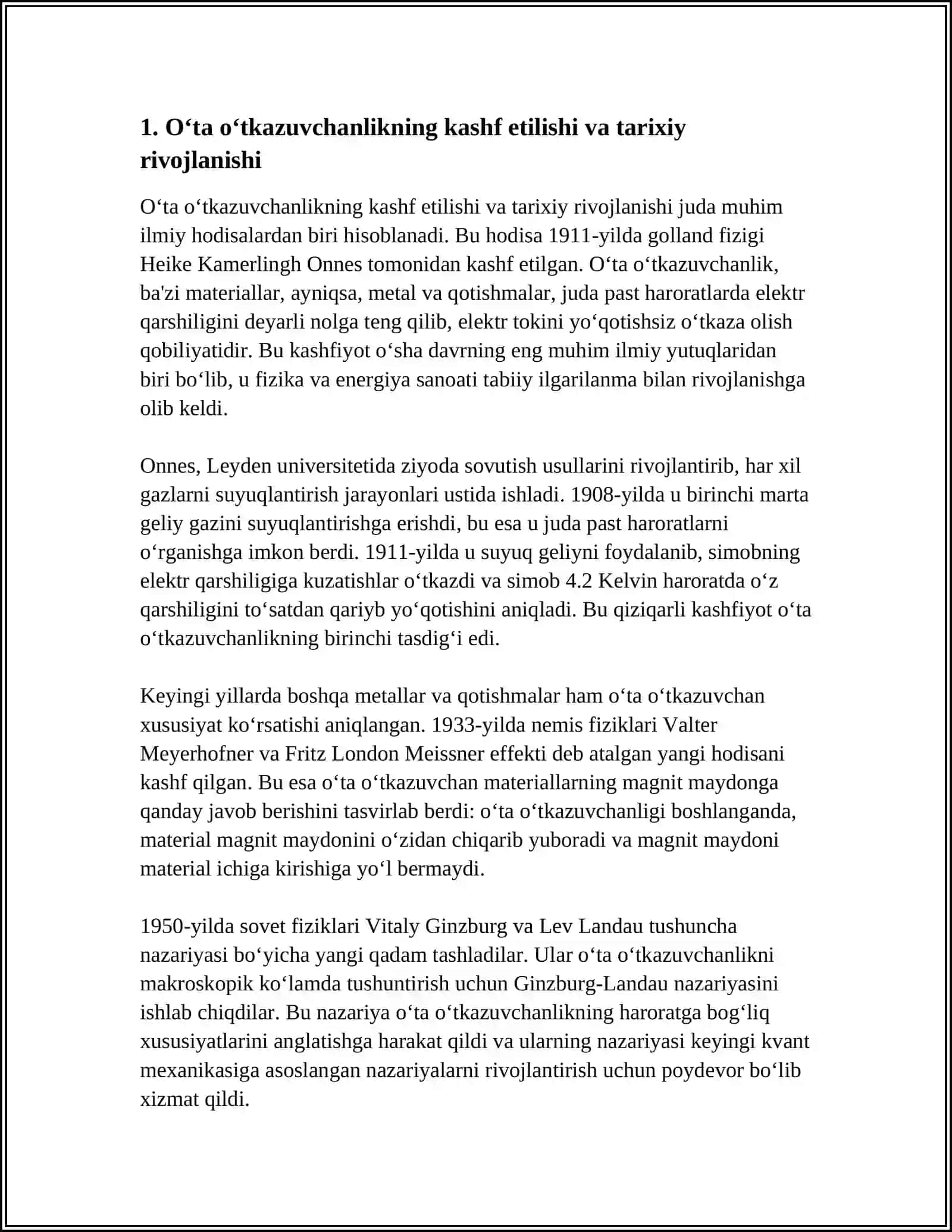 O‘ta o‘tkazuvchanlik va uning kvantomexanik talqini 4
