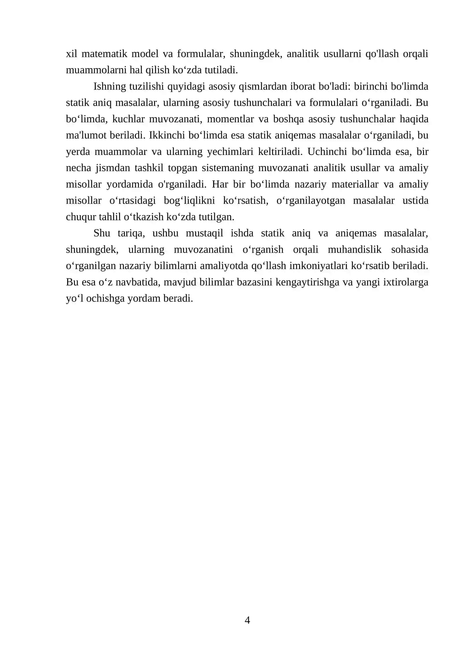Statik aniq va statik aniqemas masalalar. Bir necha jismdan tashkil topgan sestimaning muvozanati 4