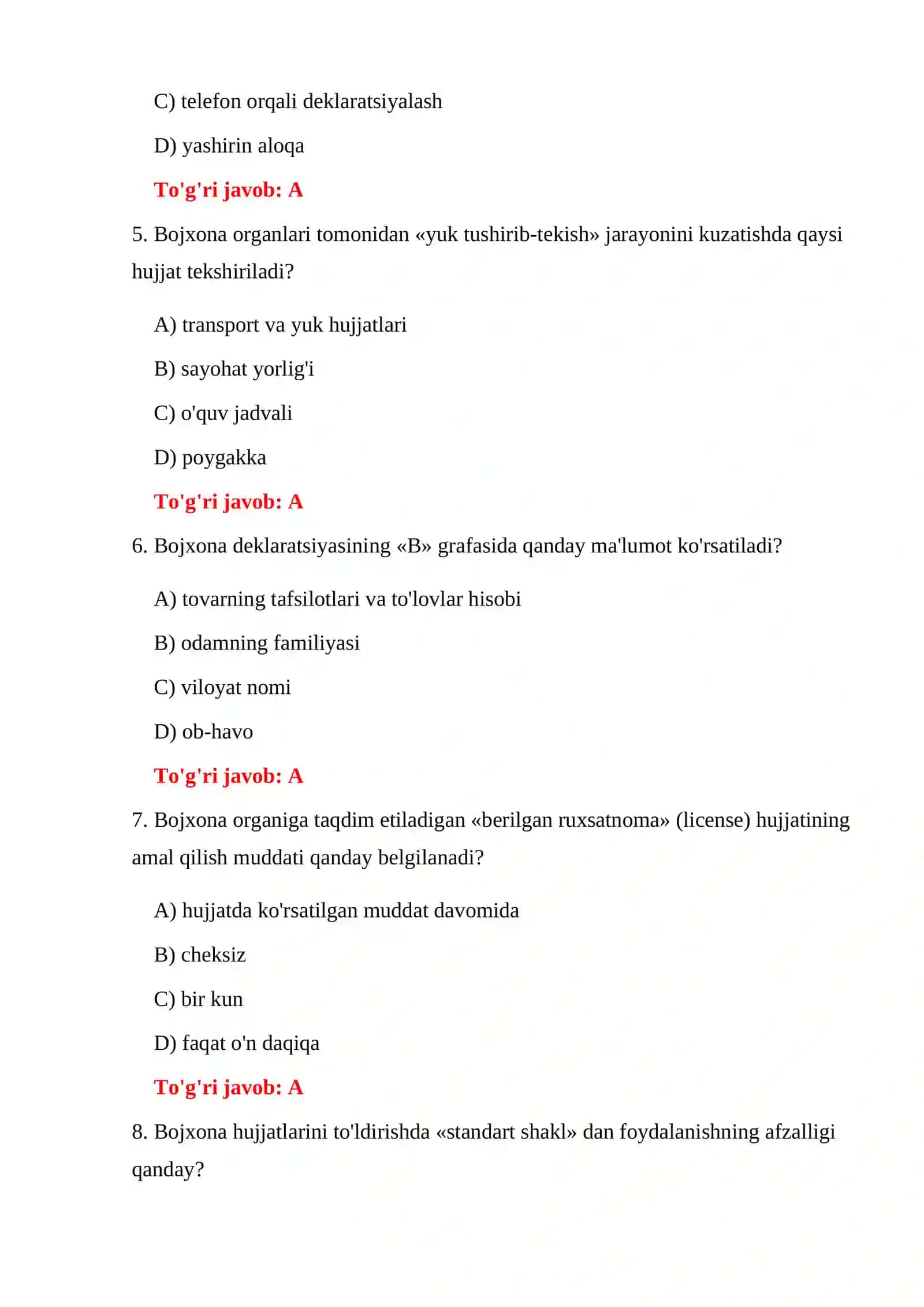 Bojxona Hujjatlari Nazorat Testlari 4