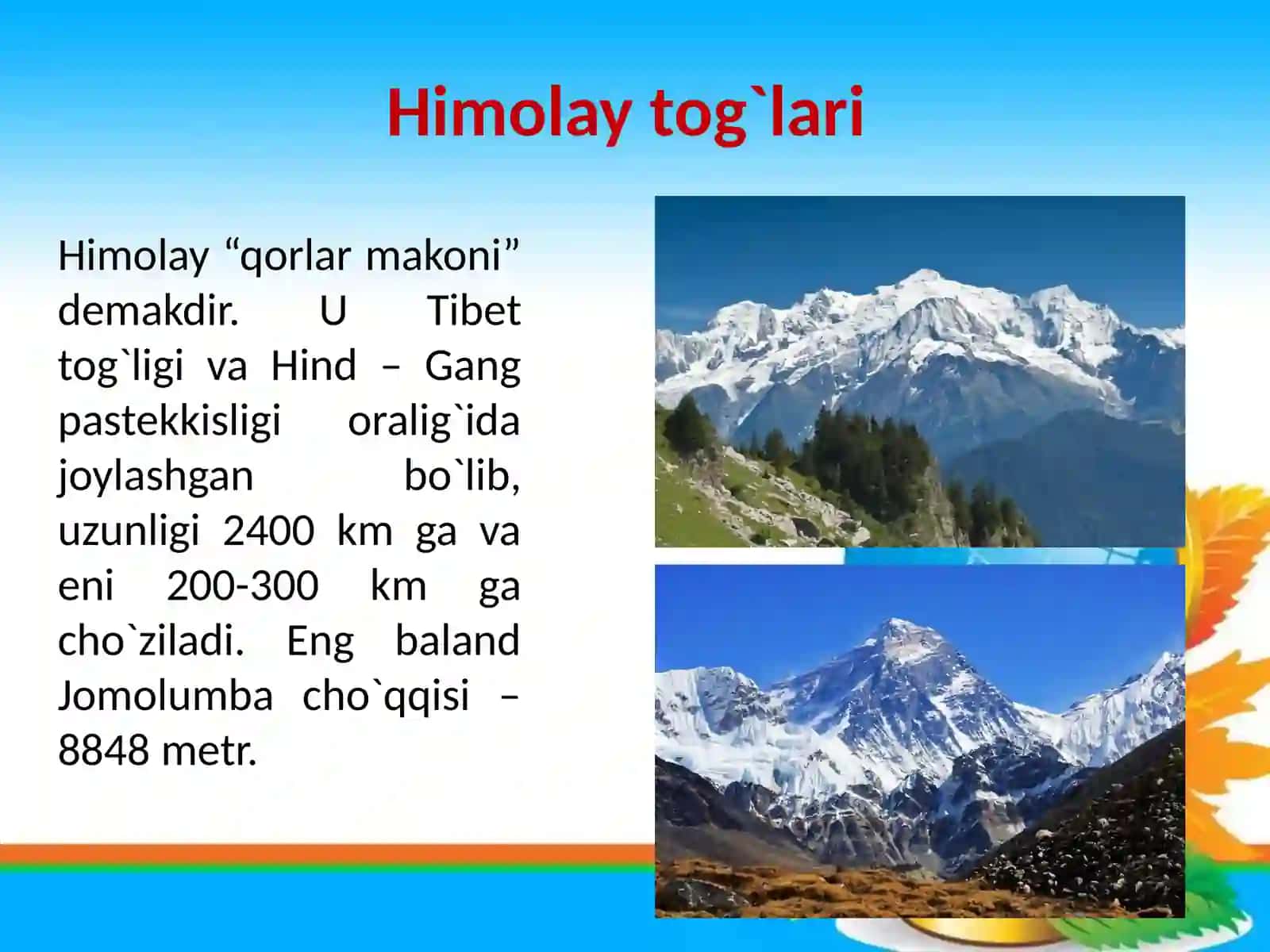 Geografik  o`rni Himolay  tog`lari Hind – Gangpast  tekkisligi 4