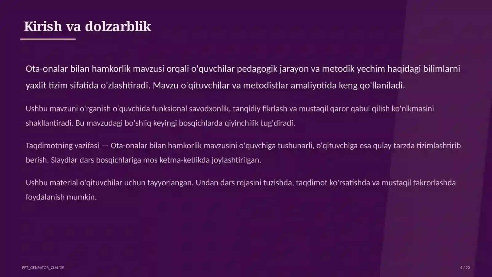 Ta'limiy maqsad: Ota-onalar bilan hamkorlik bo'yicha tayanch tushunchalar 4