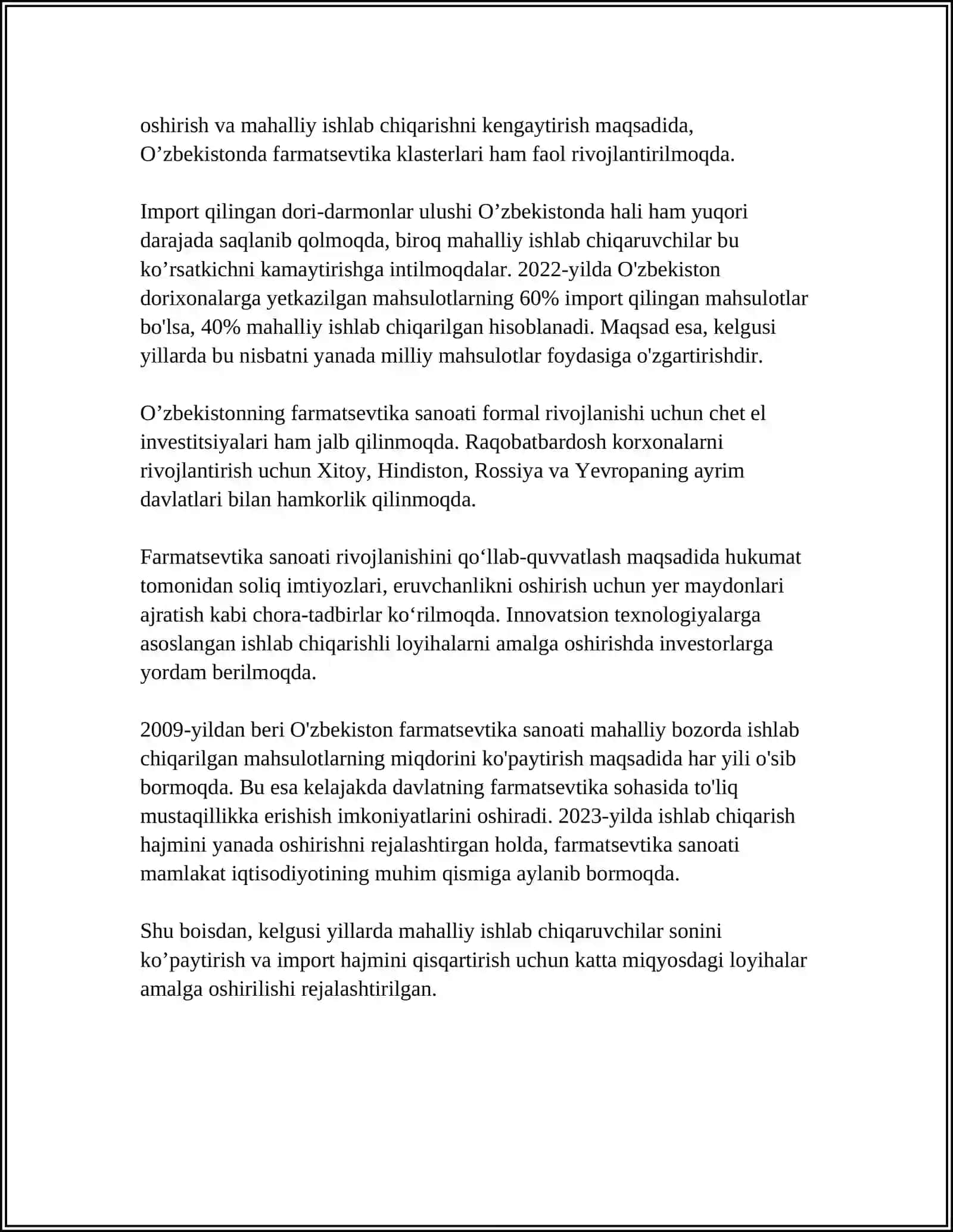 ÕZBEKISTONDA FARMASEVTIK ISHLAB CHIQARISH KORXONALARI VA ULARNING TURLARI 4