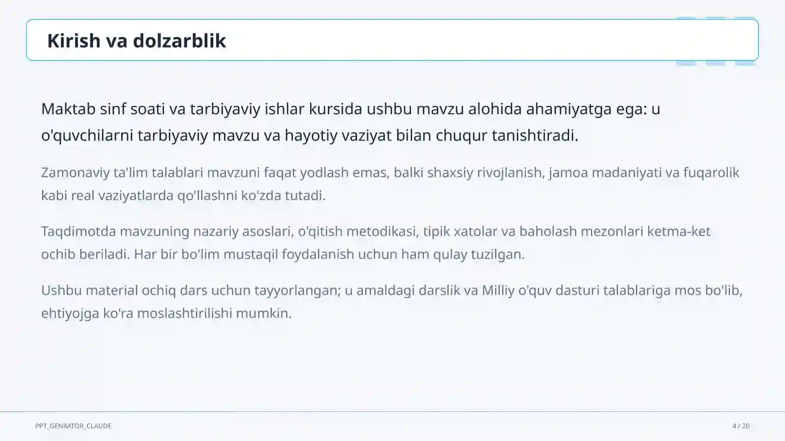 Sinf soati va tarbiyaviy tadbirlar (1– 11) — ochiq dars uchun 4