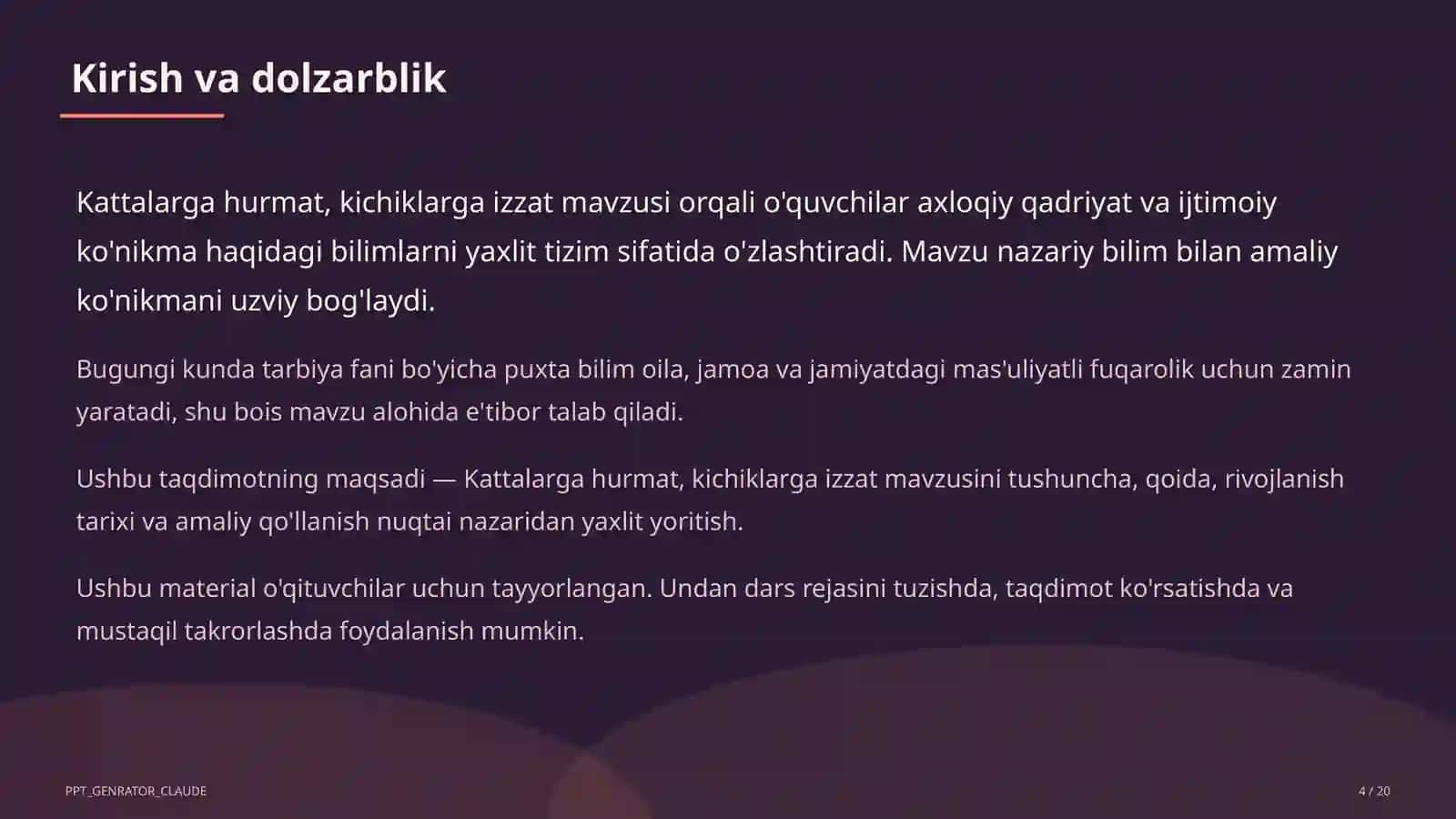 Kattalarga hurmat, kichiklarga izzat (2-sinf) Tarbiya fani (1– 11) — o'qituvchilar uchun 4