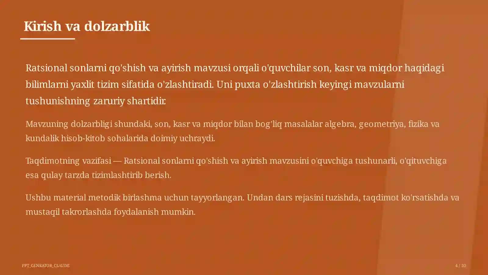 Ratsional sonlarni qo'shish va ayirish (6-sinf) Matematika (5– 6) — metodik birlashma uchun 4