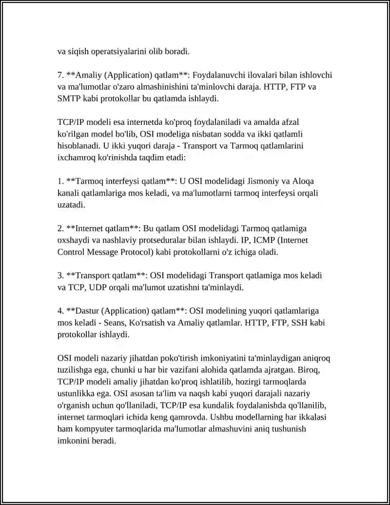 KOMPYUTER TARMOQLARINING PROTOKOLLARI, ILOVALARHAQIDA UMUMIY TUSHUNCHALAR 4