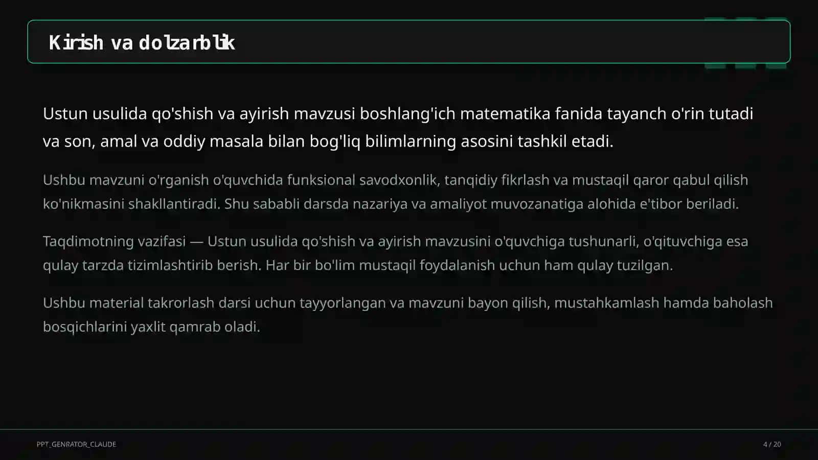 Ustun usulida qo'shish va ayirish (3-sinf) 4