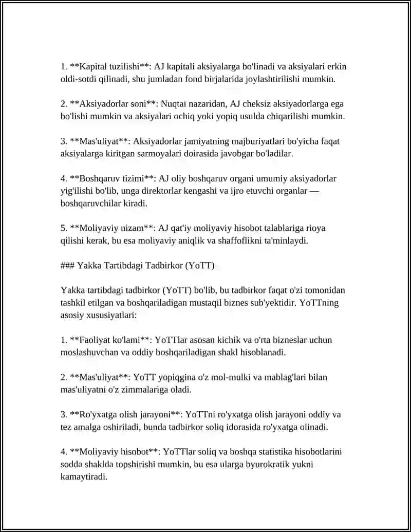 Tashkiliy-huquqiy shakllar va ularning xususiyatlari (MChJ, AJ, yakka tartibdagi tadbirkor) 4